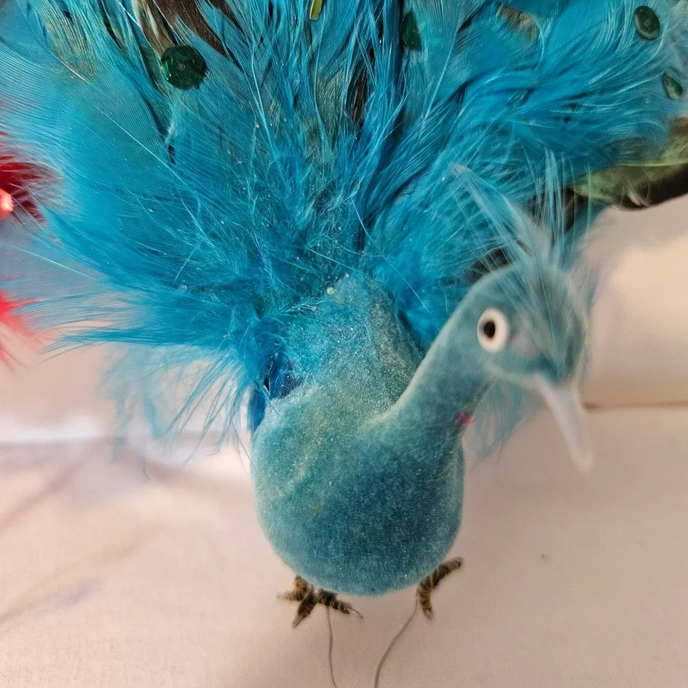 Vintage Style Red and Blue Feather Peacock Ornaments Sequin Flocked Bird Pair